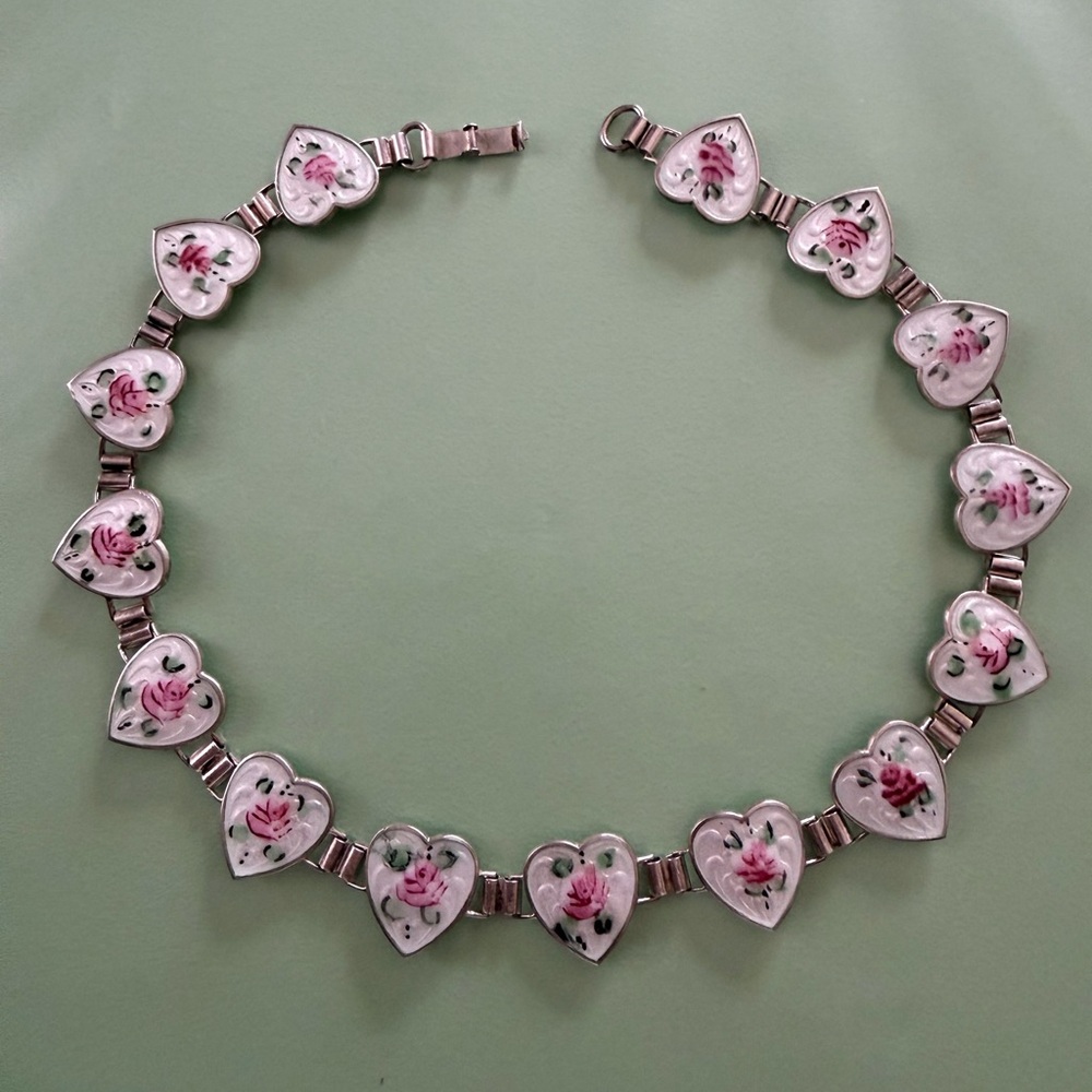 Rare!  VTG Art Deco 14 Sterling Guilloche Hearts Necklace (Firm)